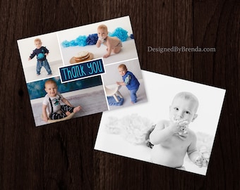 First Birthday Thank You Card with Photos - Teal & Navy Blue for Baby Boy - Custom Picture Collage - 1st B-Day - Double Sided, Postcard Back