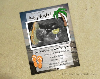 Beachy Baby Shower Invitation with Sonogram - Ocean, Beach, Palm Tree and Flip Flops - Ultrasound with Sombrero and Margarita - Fiesta Party