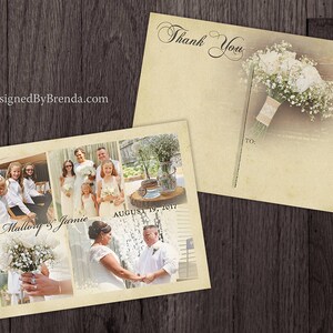 K&ouml;nnte beinhalten: Eine Hochzeits-Dankeskarte mit einer Collage aus Fotos. Das obere Foto zeigt einen Strau&szlig; wei&szlig;er Blumen. Die unteren Fotos zeigen das Brautpaar, die Hochzeitsgesellschaft und eine rustikale Hochzeitsdekoration. Der Text auf der Karte lautet "Danke", "Mallory & Jamie", "19. August 2017" und "DesignedByBrenda.com".