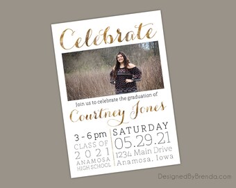 Graduation Party Invitation with Photo - CELEBRATE in Faux Metallic Gold - Modern 5x7 Announcement Card, Can be Double Sided - Free Shipping