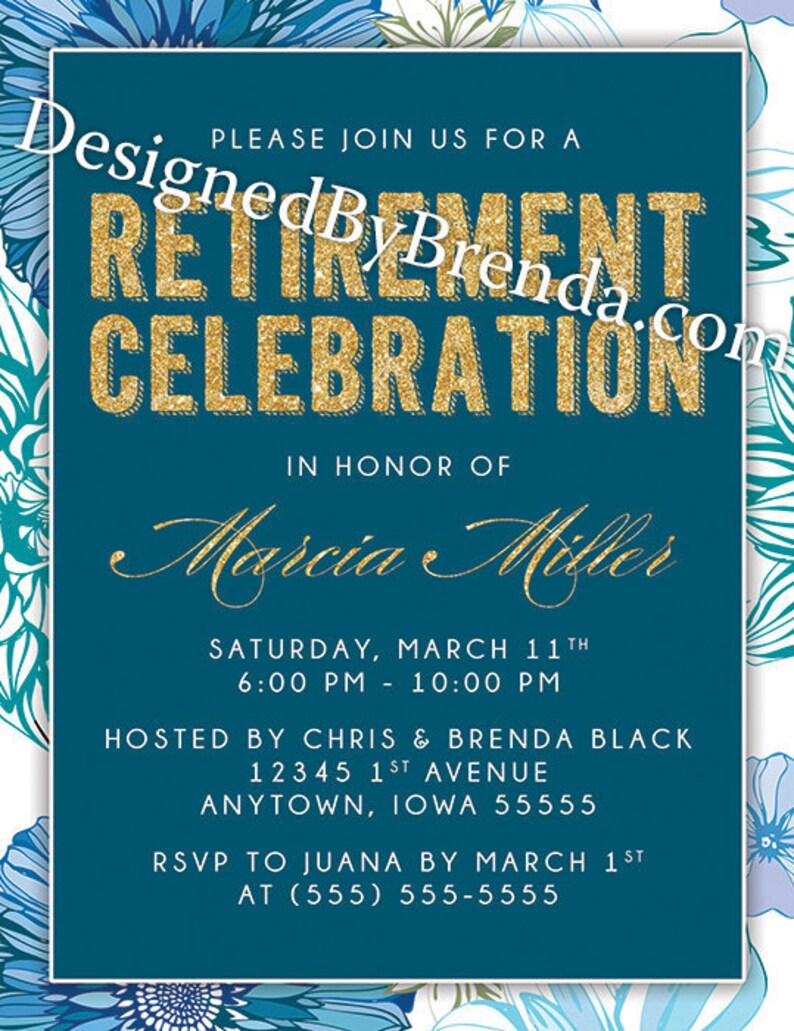Retirement Party Invitation Gold & Teal Blue With Floral Etsy