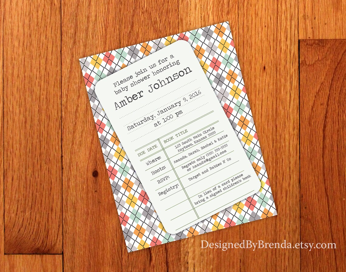 Library Card Baby Shower Invitation on Colorful Argyle Print Etsy