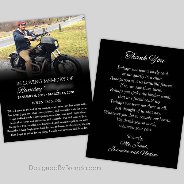 Unique Memorial Card with Photo - Custom Thank You Postcard or Obituary Keepsake - Large Picture on Black - Celebration of Life - Masculine