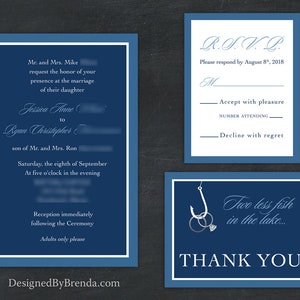 Two Less Fish in the Sea Wedding Invitation Coral & Navy Blue can be any colors Rings on Fishing Hook RSVP Cards can be added Custom image 9