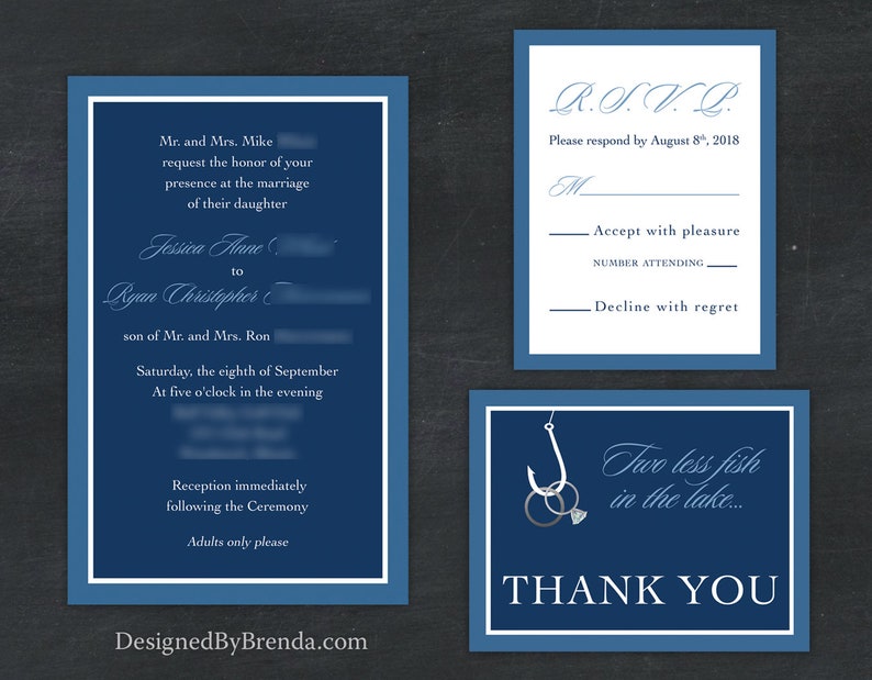 Two Less Fish in the Sea Wedding Invitation Coral & Navy Blue can be any colors Rings on Fishing Hook RSVP Cards can be added Custom image 9