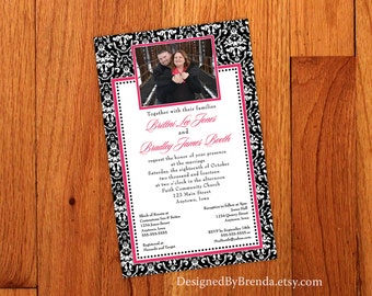 Black & White Damask Photo Wedding Invitations - ANY COLORS - Free shipping - Inexpensive - Digital File Available