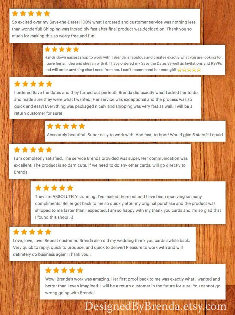 K&ouml;nnte beinhalten: Eine Sammlung positiver Kundenbewertungen f&uuml;r ein Unternehmen namens DesignedByBrenda.etsy.com. Die Bewertungen heben die Qualit&auml;t der Produkte, die Geschwindigkeit des Versands und den exzellenten Kundenservice von Brenda hervor.