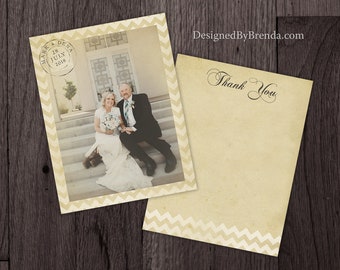 Vintage Chevron Wedding Thank You Card with Photo - Rustic Look - Printed on Recycled Matte Cardstock - Custom Designed with free shipping