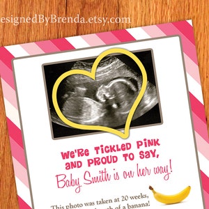 Pink Gender Announcement for Baby Girl for Gender Reveal Party - with sonogram image & fruit size - Digital File Available - Tickled Pink