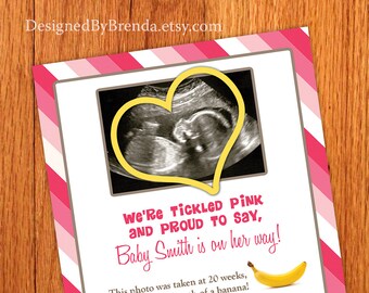 Pink Gender Announcement for Baby Girl for Gender Reveal Party - with sonogram image & fruit size - Digital File Available - Tickled Pink