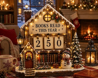 May include: A decorative wooden house-shaped book tracker with warm LED lights, featuring the text BOOKS READ THIS YEAR above three flip-style number cards displaying 250. The base includes a miniature snowman, a Christmas tree, and a row of books.