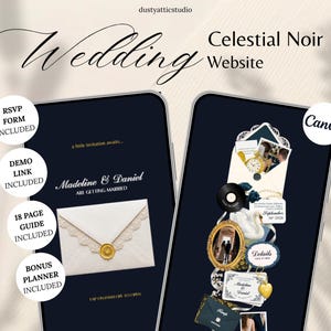 May include: Two smartphone screens display a Celestial Noir wedding website template. The dark blue interface features elegant white text, including Madeline & Daniel, and graphics of vintage envelopes, gold frames, and floral accents. Circular white badges list RSVP FORM, DEMO LINK, 18 PAGE GUIDE, and BONUS PLANNER INCLUDED.