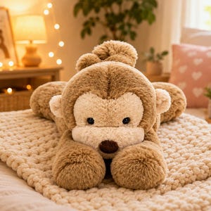 May include: A plush monkey toy with soft, light brown and cream-colored fur. The stuffed animal features a rounded head, small ears, dark round eyes, and a dark brown nose. It is positioned in a lying-down pose with its arms tucked forward.