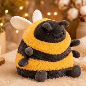 May include: A plush bee toy with a round, chubby body featuring alternating horizontal stripes of fuzzy yellow and dark gray fabric. The stuffed animal has two small white wings on its back, two dark antennae, and two small black eyes.