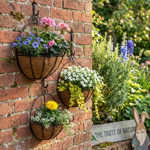 May include: Three black metal hanging baskets with coconut fiber liners mounted on a brick wall. The top basket contains pink and blue flowers, the middle holds white flowers with trailing greenery, and the bottom features a yellow marigold.