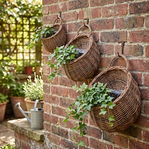 May include: Three brown woven wicker wall baskets of varying sizes, each featuring a sturdy handle and a rounded base. Each basket is filled with green ivy plants and is mounted individually on a red brick wall using metal hooks.