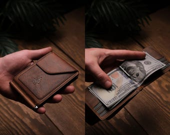 Cartera minimalista con clip para billetes de piel de grano completo, tarjetero delgado, regalo personalizado