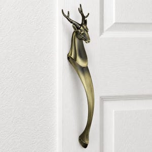 Antique Deer Head Door Handle, Aluminum Stag Pull, Brass Finish Hardware