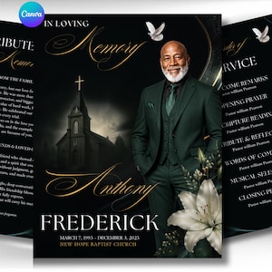 May include: A funeral programme template featuring a portrait of a man in a dark green suit, a church silhouette with a cross, white lilies, and a dove. Text includes IN LOVING MEMORY, Anthony FREDERICK, March 7, 1993 – December 3, 2025, and New Hope Baptist Church.