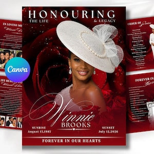Puede incluir: Una plantilla de programa funerario con el retrato de una persona que lleva un sombrero blanco con perlas y un lazo de tul, sobre un fondo de rosas rojas oscuras. El texto incluye HONOURING THE LIFE & LEGACY, Winnie Brooks y FOREVER IN OUR HEARTS.