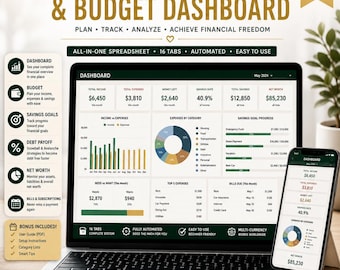 May include: A digital personal finance and budget dashboard spreadsheet template displayed on a laptop and smartphone screen. The interface features financial data, charts, and graphs including income, expenses, savings goals, and net worth tracking.