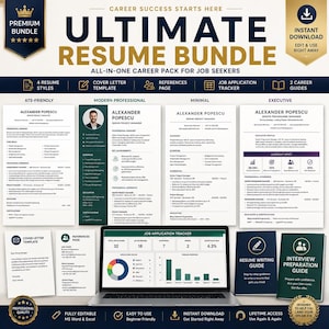 May include: A digital resume bundle featuring four distinct resume templates, a cover letter, a references page, a job application tracker, and two career guides. The text includes Ultimate Resume Bundle, Career Success Starts Here, and Job Application Tracker with various charts and data points displayed on a laptop screen.