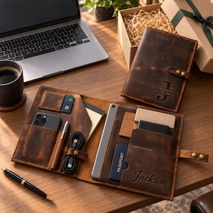 May include: A dark brown leather portfolio organizer featuring multiple interior pockets for a smartphone, credit cards, a pen, and a charging cable. The exterior is embossed with the name Jackson. A matching leather notebook cover is also included.