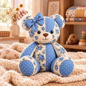 Può includere: Un orsacchiotto di peluche realizzato in tessuto con un motivo floreale blu e bianco alternato a pannelli a pois blu e bianchi. L'orso presenta un fiocco in tessuto blu abbinato sulla testa, occhi a bottone neri e naso e bocca ricamati marroni.