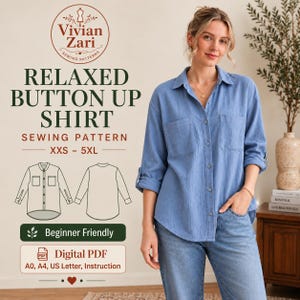 Relaxed Button Up Shirt Sewing Pattern PDF, Women Oversized Blouse Pattern, Loose Fit Long Sleeve Shirt, Collared Shirt Pattern