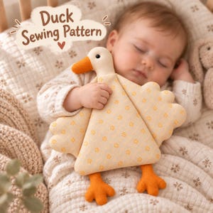 Molde em PDF para costurar um patinho de pelúcia, cobertor de conforto para bebê, aconchego, molde para iniciantes em brinquedos de pelúcia, objeto para acalmar crianças, download instantâneo