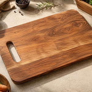 Puede incluir: Una tabla de cortar rectangular de madera con un tono marrón cálido y patrones de veta de madera natural visibles. La tabla presenta esquinas redondeadas y un asa recortada ovalada y alargada en el lado izquierdo para facilitar el agarre.