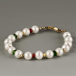 Elegant Cultured Pearl Bracelet with Ruby & Chrome Diopside Gems, 14k Gold Filled Accents and Clasp