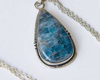 Aqua Blue Apatite Gemstone Pendant Necklace in Sterling Silver Bali Setting, on 22 Inch 925 Sterling Silver Cable Chain