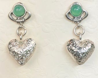 Chrysoprase Earrings w Fine Silver Heart Dangles, Soft Green Gemstone Earrings, Textured 925 Sterling Silver Heart Earrings