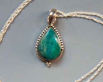 Blue-Green Chrysocolla Teardrop Gem Pendant in Bali Style Sterling Silver on 22 Inch Sterling Twist Chain