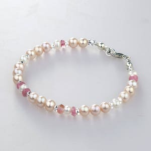 Quality Pink Pearl Gemstone Bracelet with Pink Tourmaline, Sterling Silver Clasp