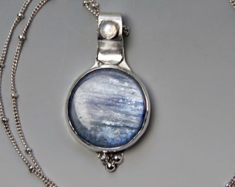 Blue Kyanite Disk Pendant in Sterling Silver with Moonstone on 22 Inch Sterling Satellite Chain