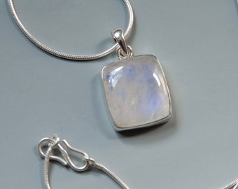 Square Blue Flash Moonstone Pendant on 18 Inch 925 Sterling Silver Rope Chain