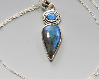 Blue Labradorite Teardrop Gemstone Pendant Necklace in 925 Silver on Sterling Silver Twist Chain