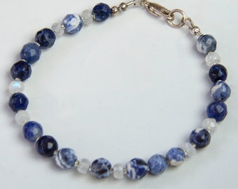Sodalite and Moonstone Bracelet Natural Stone with Sterling Silver Clasp
