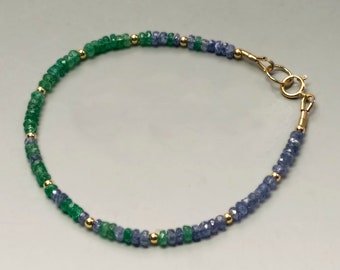 Genuine Natural Emerald and Sapphire Bracelet with Solid 14K Gold Beads and Clasp, Delicate 3mm Skinny Bracelet