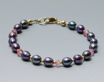 Iridescent Black Pearl Bracelet with Pink Morganite Gemstones & 14K Gold Fill Clasp