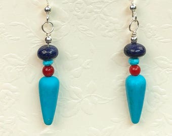 Gemstone Spike Dangle Earrings in Red Coral, Lapis Lazuli, Turquoise, & Howlite w Sterling Silver, Everyday Earrings w Southwestern Design