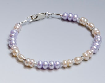 Bracelet de perles bouton lavande pâle et abricot, perles de qualité, fermoir en argent sterling