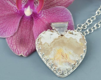 Graveyard Point Plume Agate Heart Gemstone Pendant Necklace w Sterling Silver Cable Chain, Traditional Styze Bezel Set White Heart Cabochon
