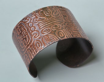 Mayan Pattern Etched Copper Cuff with Oxidized Patina, Handmade Unixex Cuff, Copper Bracelet, Wide Cuff Bracelet, Metalwork Jewelry