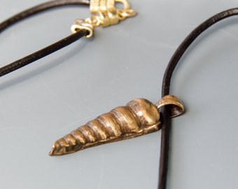 Bronze Turritella Seashell Pendant Necklace on Black Leather Cord w 14K Gold Filled Clasp; Layering Necklace, Beach Necklace, Summer Jewelry