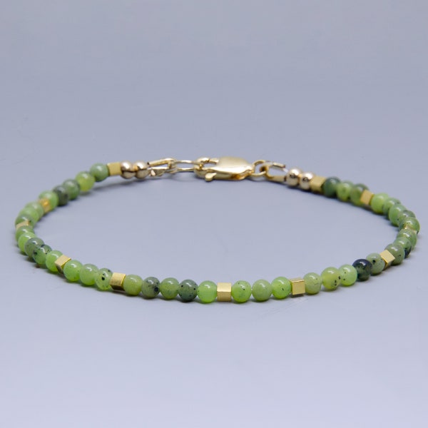 Slim Genuine Nephrite Jade Beaded Gemstone Bracelet, Vermeil Cube Beads, 14K Gold Filled Clasp