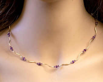 Wavy 14K Gold Filled Necklace with Amethysts and 22K Gold Vermeil Beads; Adjustable Delicate Gemstone Necklace