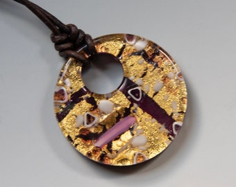 Abstract Murano Glass Donut Pendant on Leather Cord with 14K Gold Filled Clasp